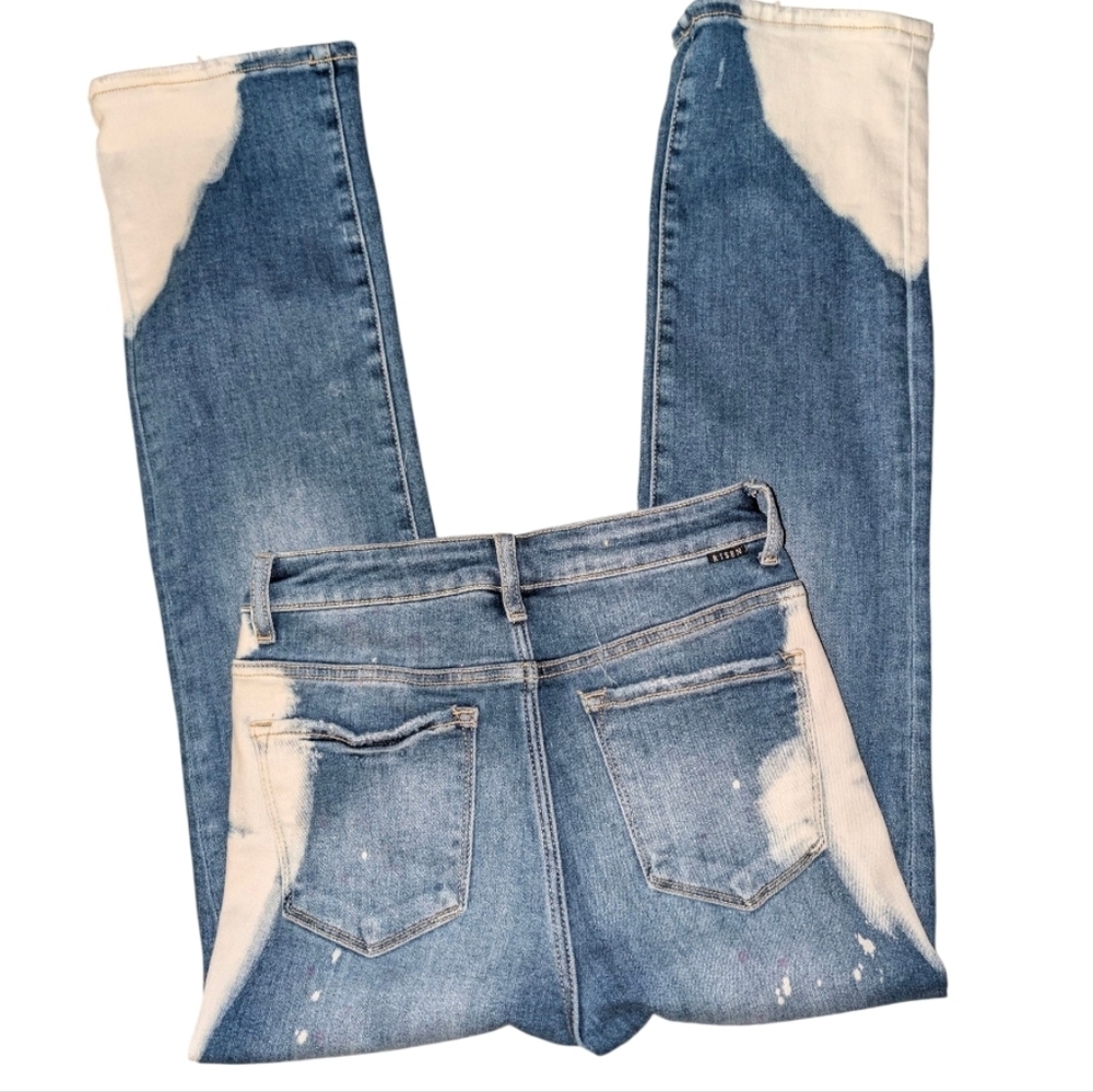Risen Two Tone Bleach Denim Jeans Size 27 Straight Leg High Rise Contrast Wash - Picture 7 of 12